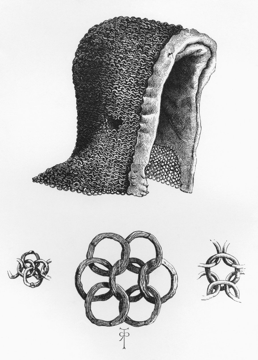Láncos postaburkolat és példa a reteszelő láncpostára, c. A.D. 1120, The British Army: Its Origins, Progress and Equipment, 1868-ban megjelent. alkotó: English School