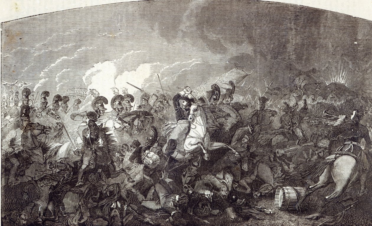 Lord Somerset Waterloo-i Nehézdandárjának rohama és a francia hadsereg teljes megsemmisítése, illusztráció a „Cassell illusztrált angliai történelméből” alkotó: English School
