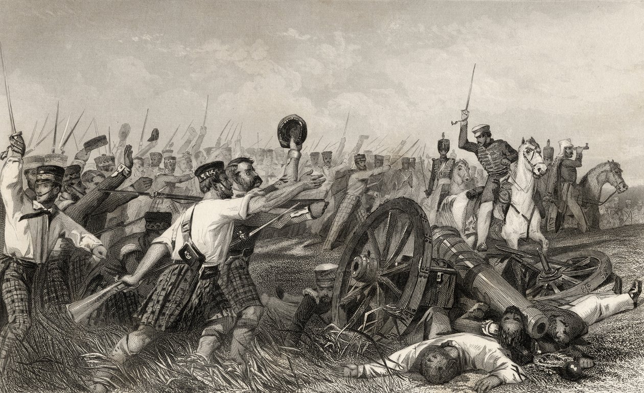 A Highlanders vádja Cawnpore előtt Havelock tábornok vezetésével, az 1858-ban megjelent „The History of the Indian Mutiny” c. alkotó: English School