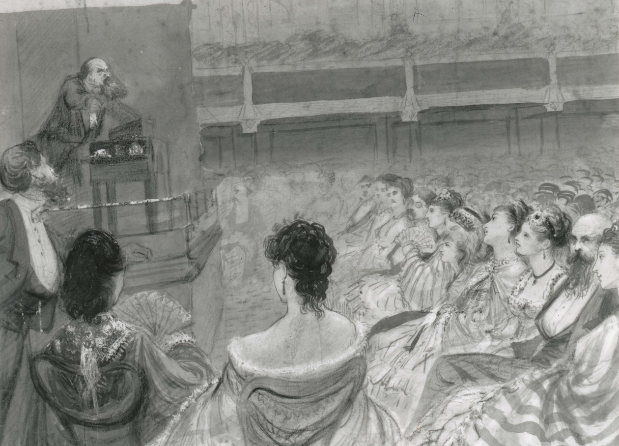 Charles Dickens felolvasást tart a St. James Hallban, 1870 alkotó: English School