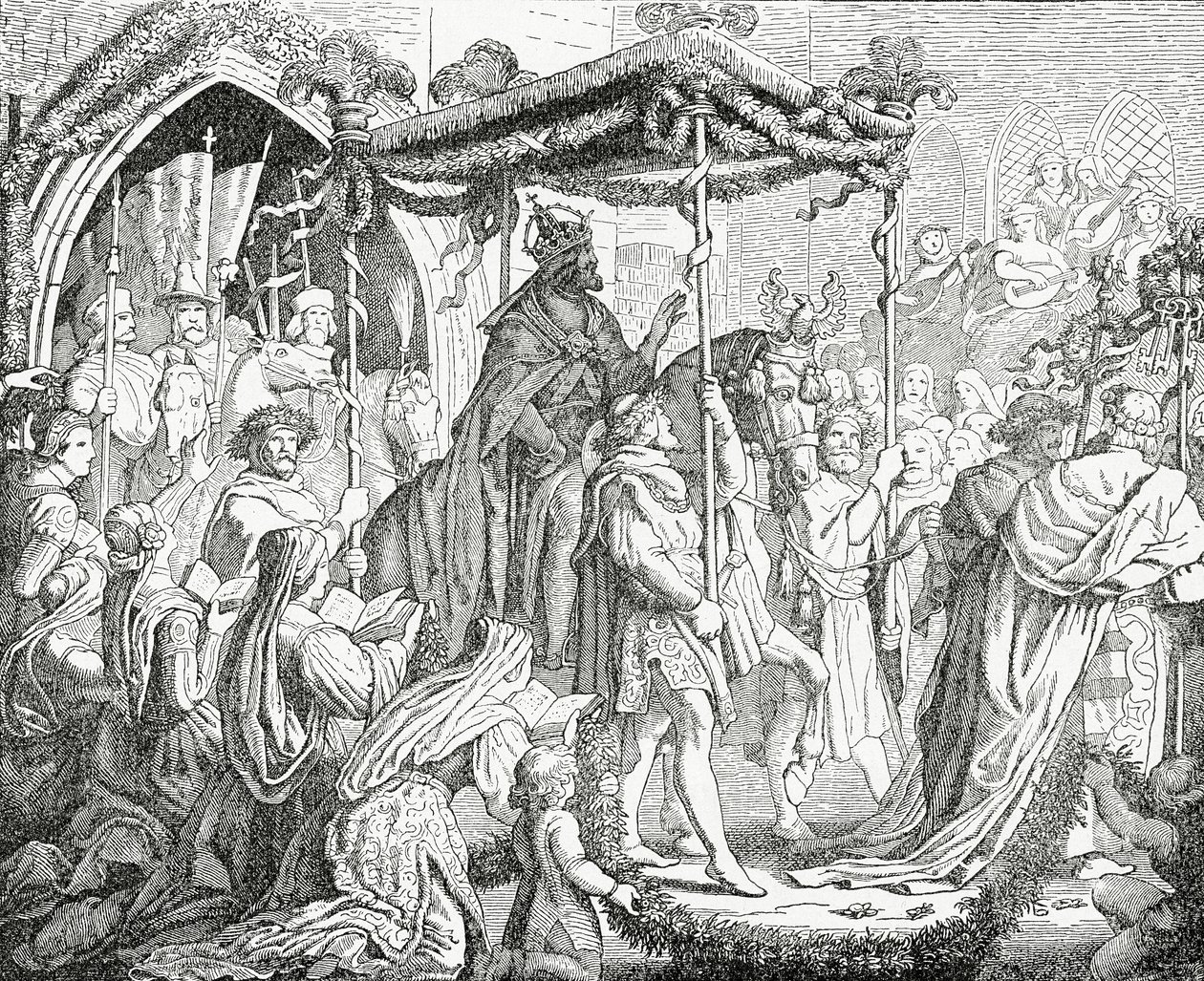 IV. Károly, római római császár, V. Urbán pápánál Avignonban 1365-ben, 1882-ben alkotó: English School