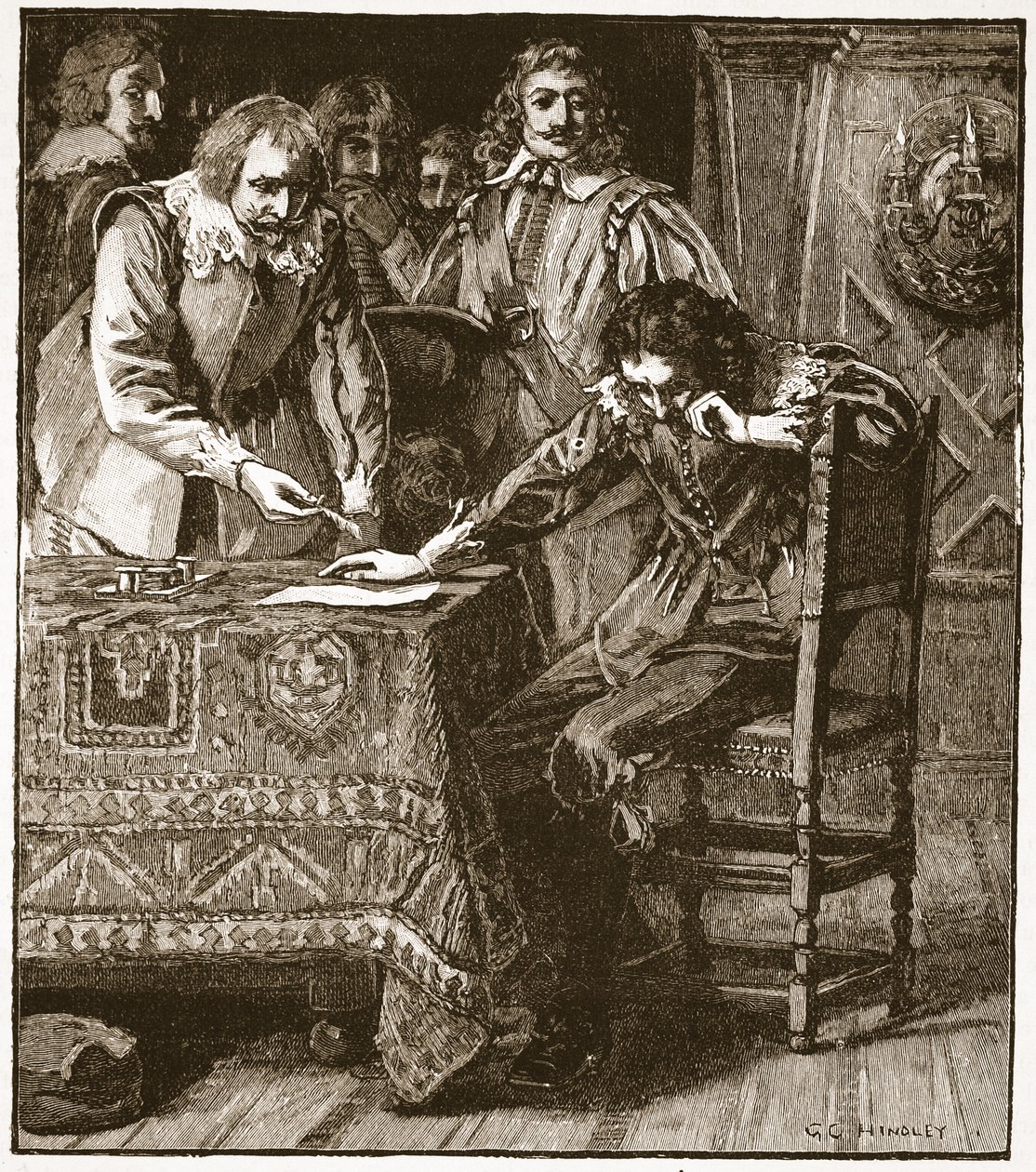 Charles aláírja a Straffords Attainder jóváhagyó bizottságát, illusztráció a Cassells Illustrated History of Englandből (szépia fotó) alkotó: English School