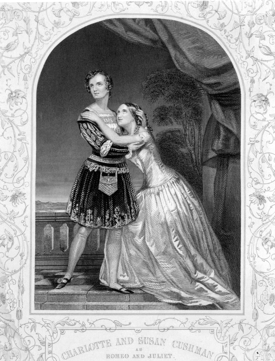 Charlotte és Susan Cushman mint Rómeó és Júlia, a Rómeó és Júlia III. felvonása 5. jelenete, egy dagerrotípiából, kocsmából. szerző: John Tallis & Co. alkotó: English School