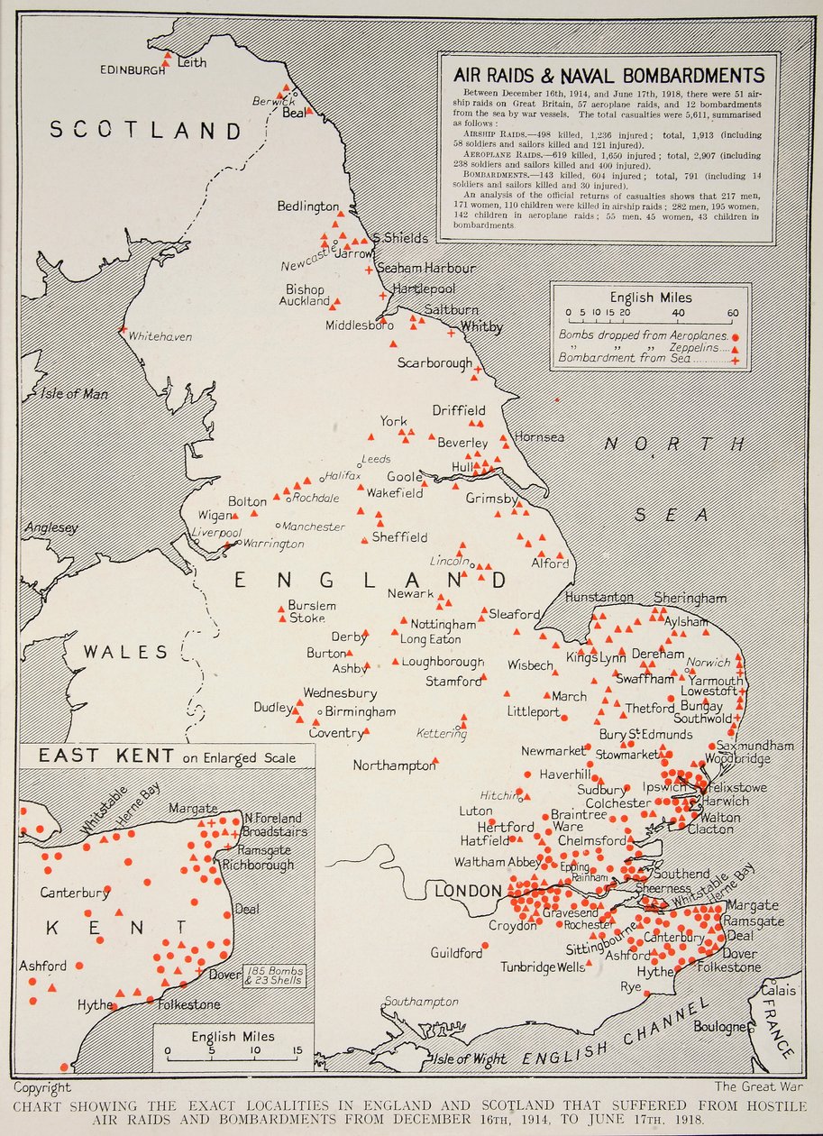 Az 1914. december 16. és 1918. június 17. között 1918-1919 között ellenséges légitámadásokat és bombázásokat elszenvedő angliai és skóciai pontos helyeket ábrázoló diagram. alkotó: English School