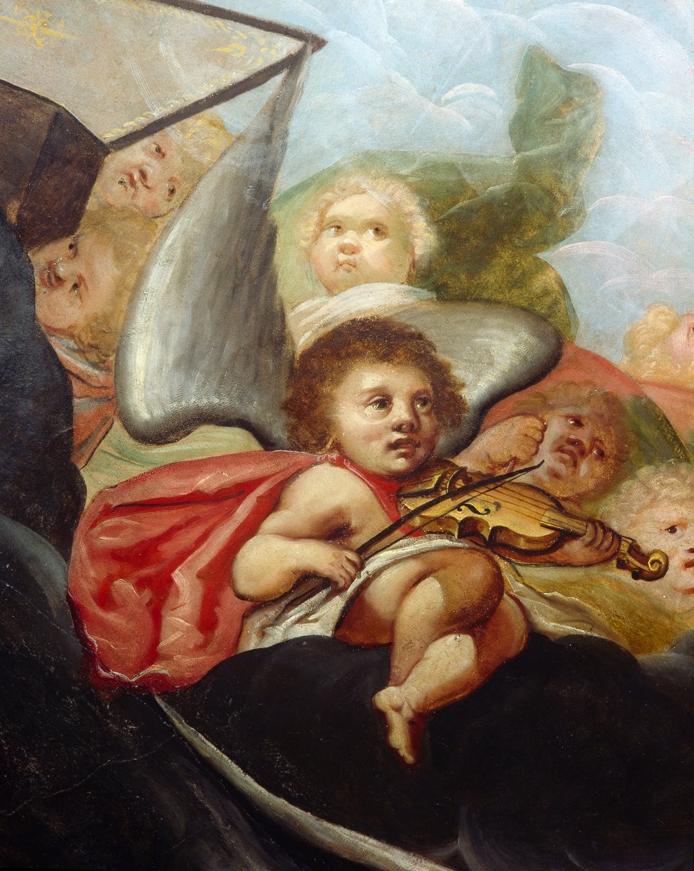Kerub hegedül, a mennyezeti falfestmény részlete a Mennyországban (olaj, vászon) alkotó: English School