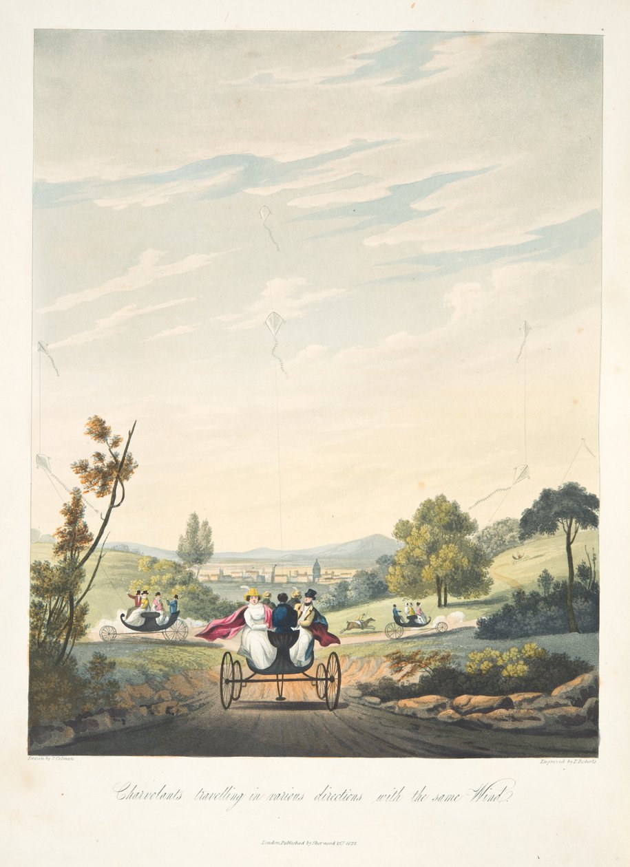 Különböző irányokba, ugyanazzal a széllel utazó Chervolens a "The Aeropleustic Art, avagy Navigation in the Air, by the Use of Kites, or Buoyant Sails, Pub. 1827 (kézzel festett akvatinta) címmel alkotó: English School