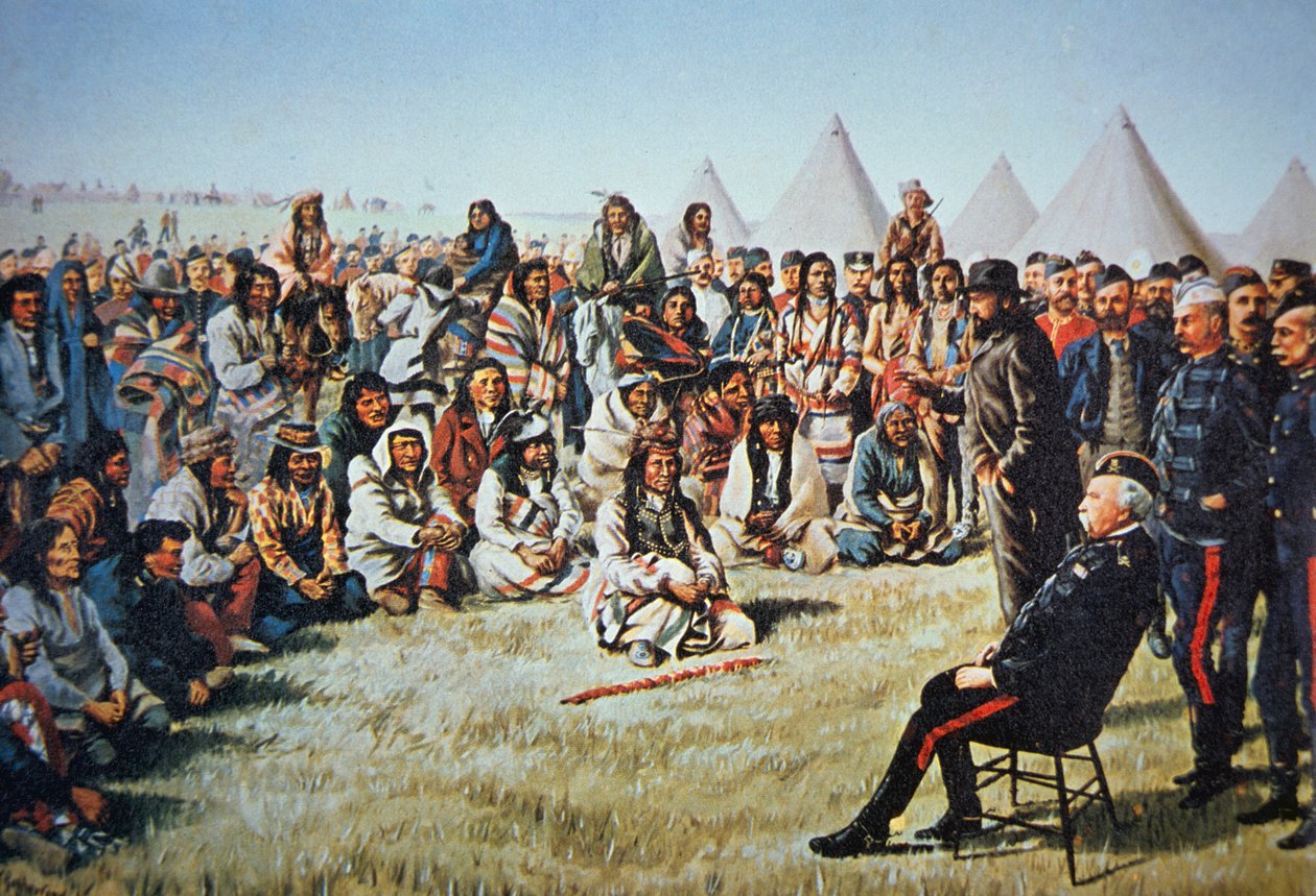 A főpoundmaker megadja magát Middleton tábornoknak az 1885-ös északnyugati lázadás során (színes litho) alkotó: English School