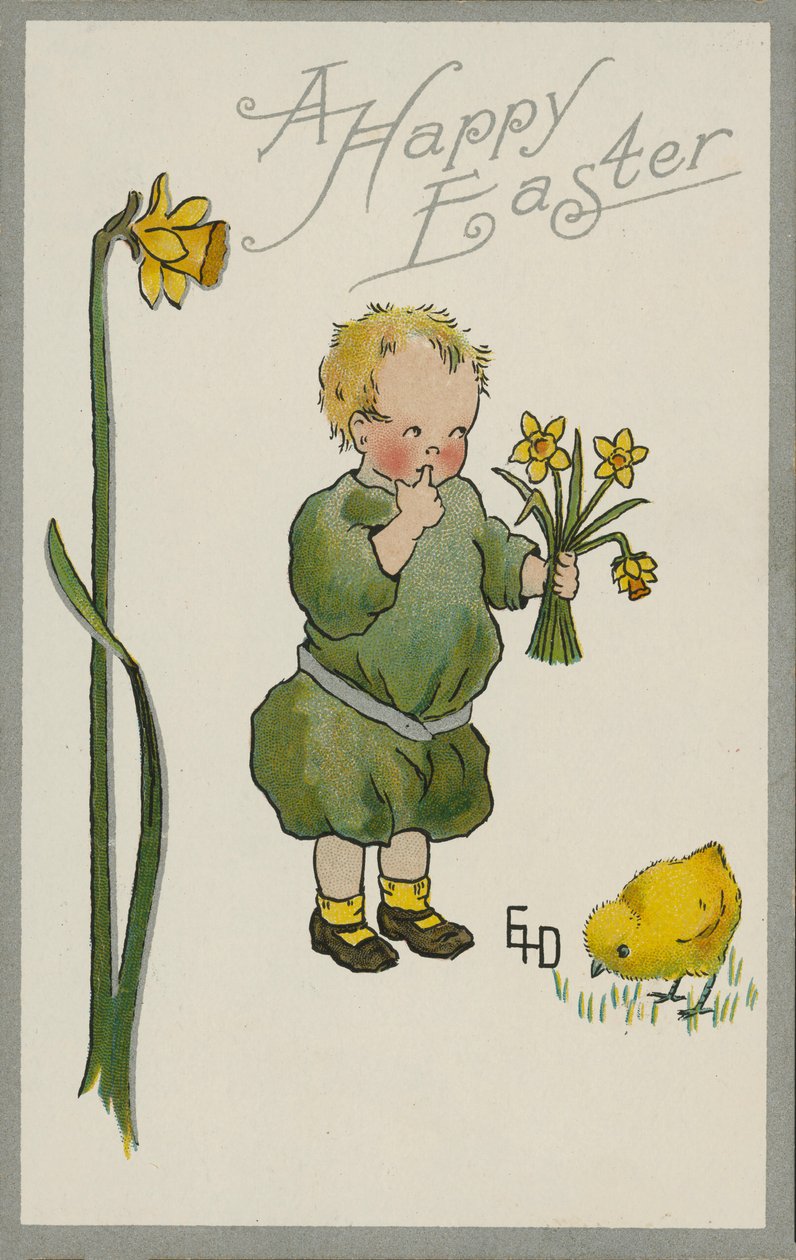 Nárciszt szedő gyermek (színes litográfia) alkotó: English School