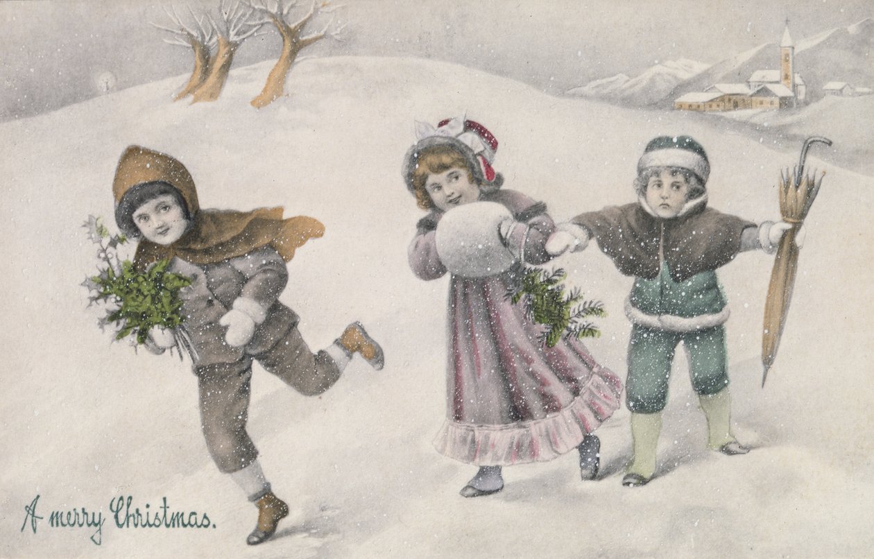 Gyerekek a hóban, viktoriánus képeslap (print) alkotó: English School