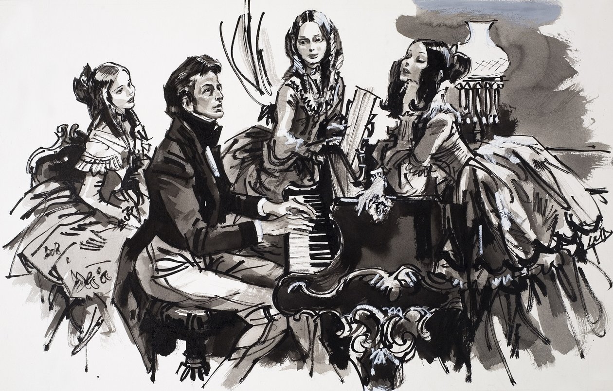 Chopin női hódolókkal (gouache, papír) alkotó: English School