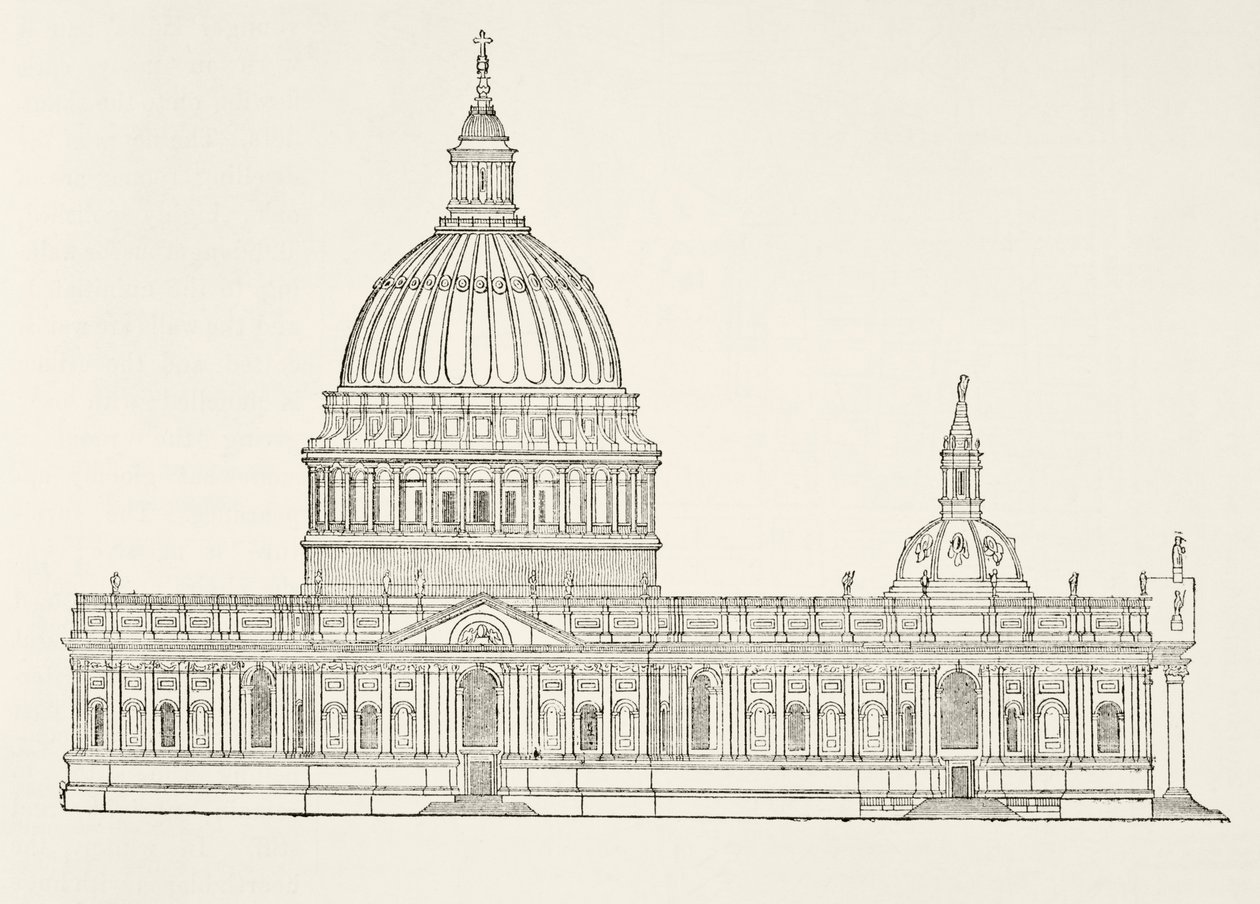 Christopher Wrens első terve az új St. Pauls-katedrálishoz a londoni nagy tűzvész után, William Hickman Smith Aubrey (1858-1916) Anglia nemzeti és hazai története című könyvéből. alkotó: English School