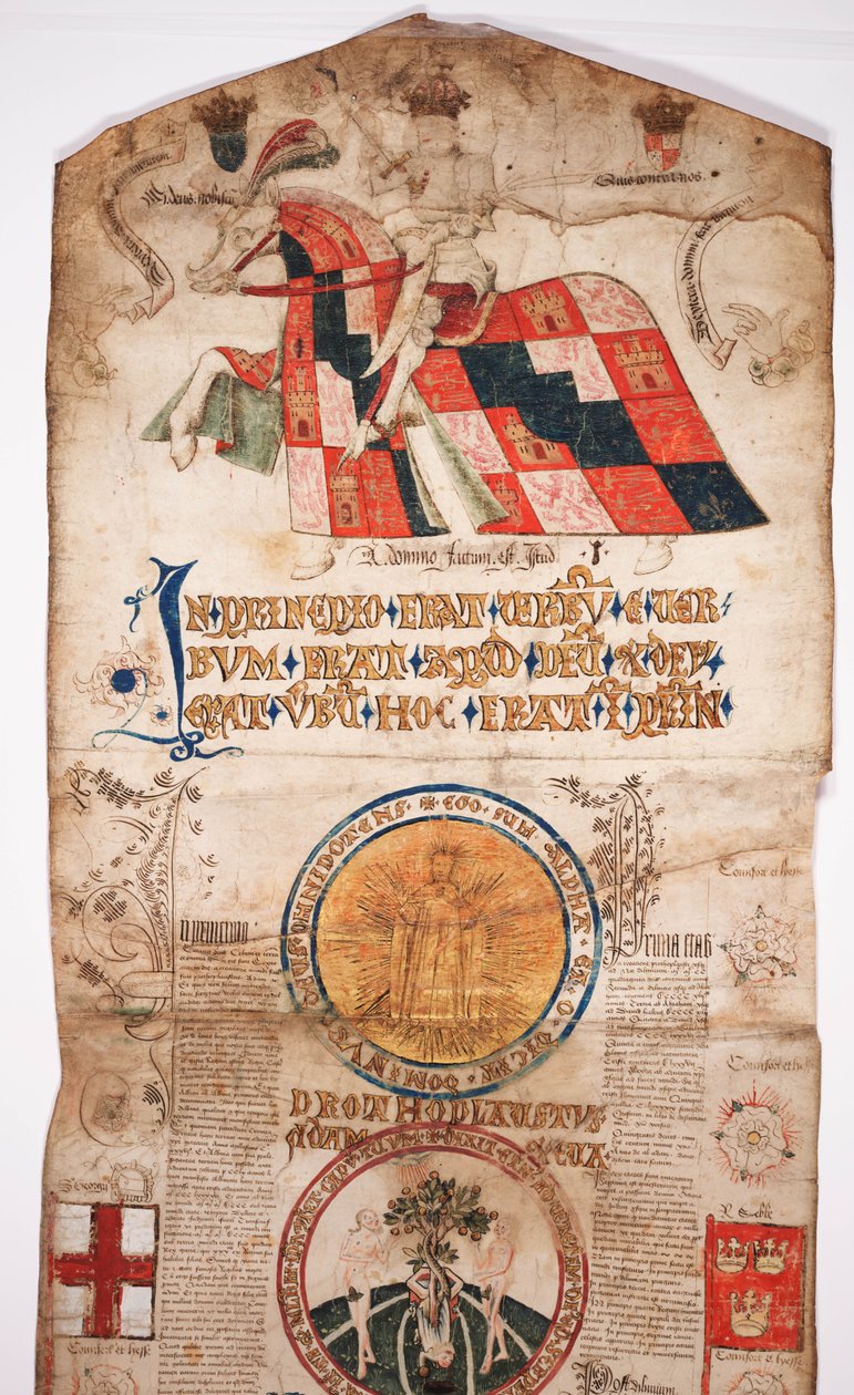 A világ történetének krónikája a teremtéstől Wodenig, IV. Edward genealógiájával (Edward IV. tekercs), az elején IV. Edward lóháton lévő portréjával, egy körrel Istennel és a másikkal alkotó: English School