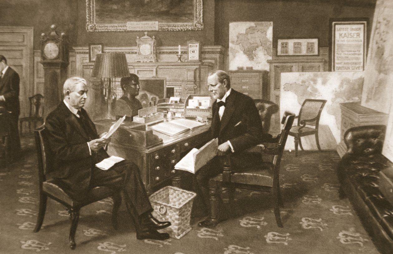 Churchill és Fisher munka közben: az első lord az Admiralitás szobájában az Első Sea Lorddal, a The Illustrated War Newsból, 1915 alkotó: English School