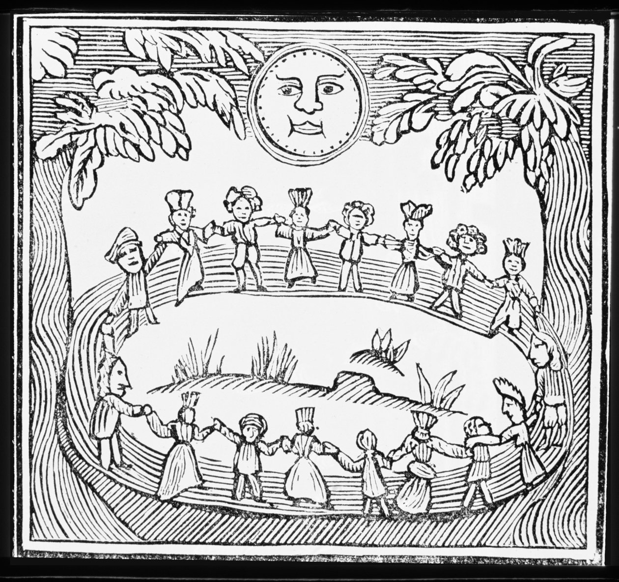 Telihold alatt táncoló Boszorkányok Köre, illusztráció az ezoteriáról szóló chapbook-gyűjteményből alkotó: English School