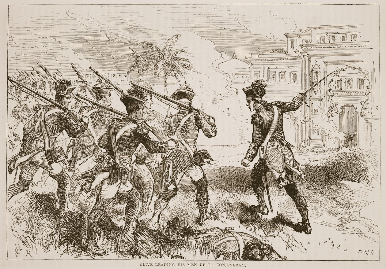 Clive felvezeti az embereit a Conjeveramhoz, illusztráció a Cassells Illustrated History of India, James Grant kocsmából. 1879 alkotó: English School