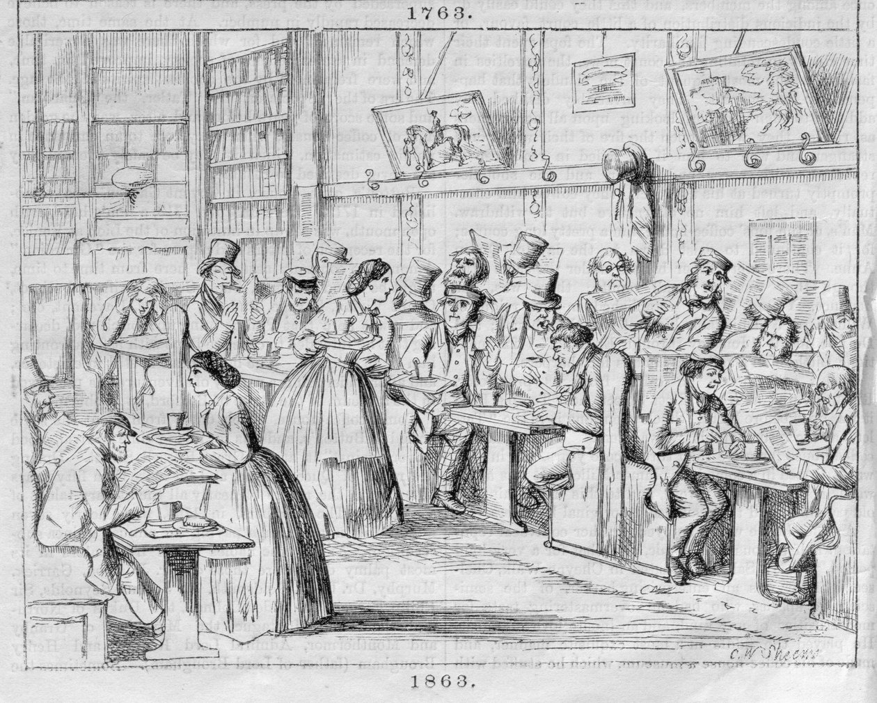 Kávéház 1863-ban, a londoni kávéházak múltjában és jelenében (színes gravírozás) alkotó: English School