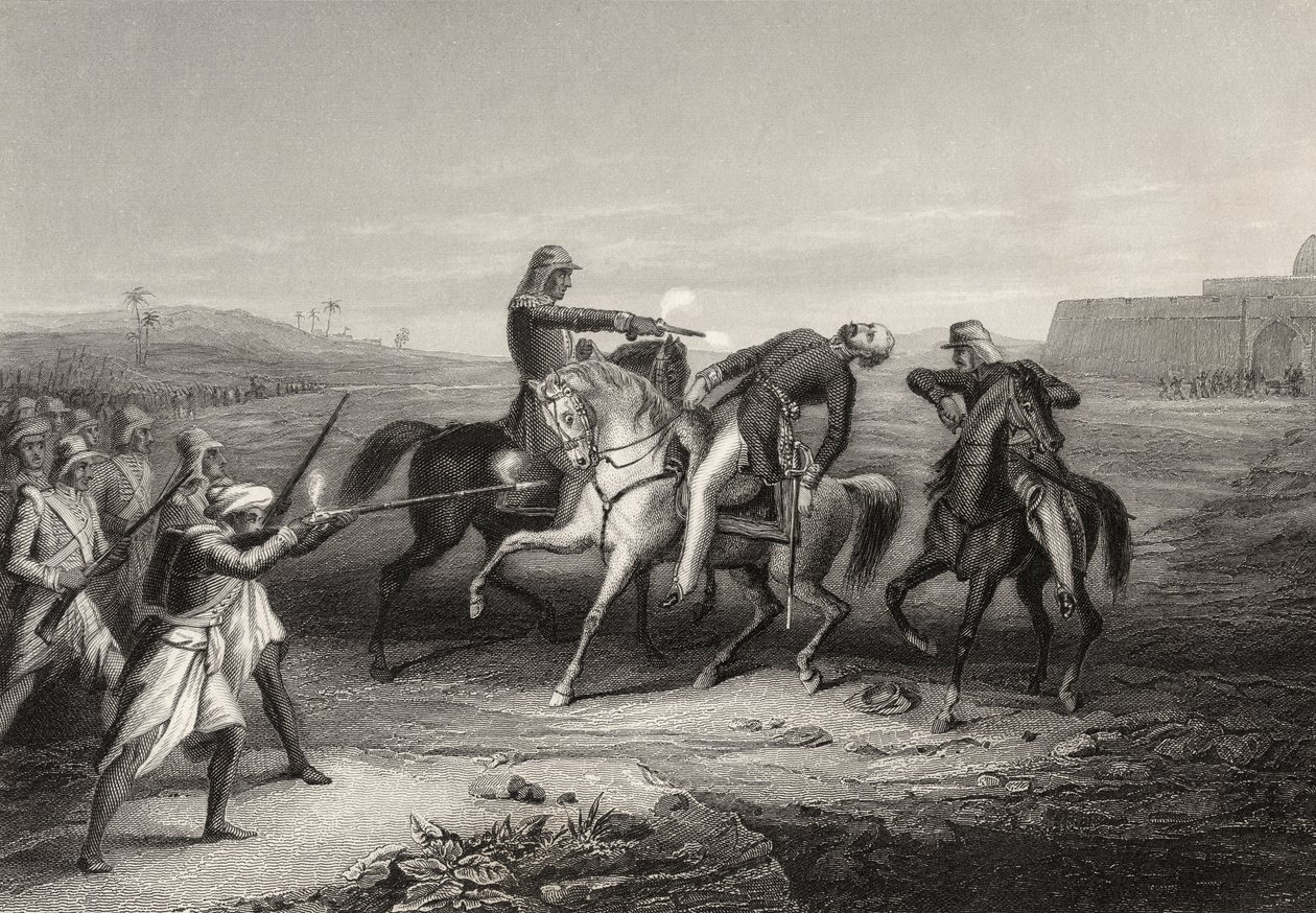 John Platt ezredest ölték meg a lázadók Mhow-ban, 1857. július 1-jén, az 1858-ban megjelent „The History of the Indian Mutiny” c. alkotó: English School