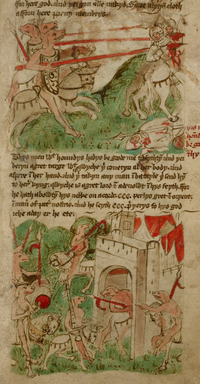 Színes rajzok, amelyek a Nacumera-sziget kutyafejű embereit ("Cynocephalus") ábrázolják, a "Sir John Mandeville utazásai" című könyvből (pergamen) alkotó: English School