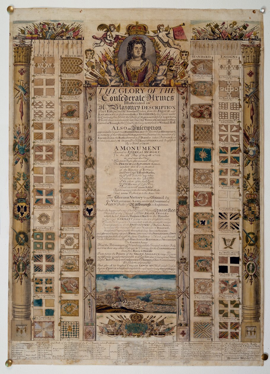 Emléktáblázat a franciáktól az 1704 körüli blenheimi csata után elfogott etalonokat ábrázoló (színes vonalmetszet) alkotó: English School