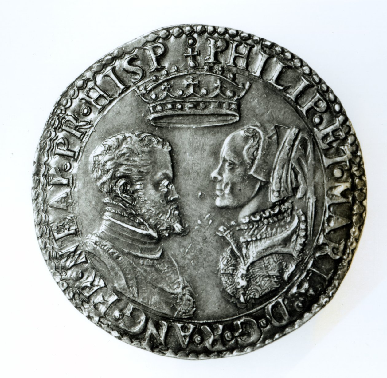 Emlékshilling II. Fülöp spanyol (1527-98) és I. angol Mária (1516-58) házasságáért 1554 (ezüst) alkotó: English School
