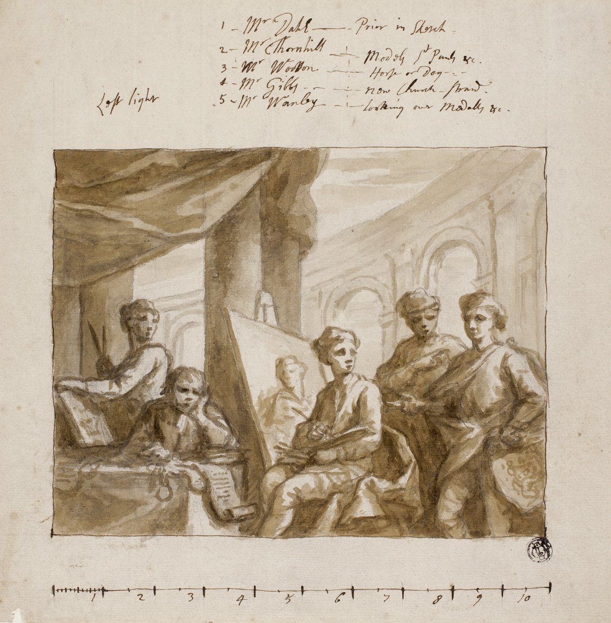Company of Painters, 1719 körül (ecset és barna mosás, grafit felett, elefántcsont fektetett papíron) alkotó: English School