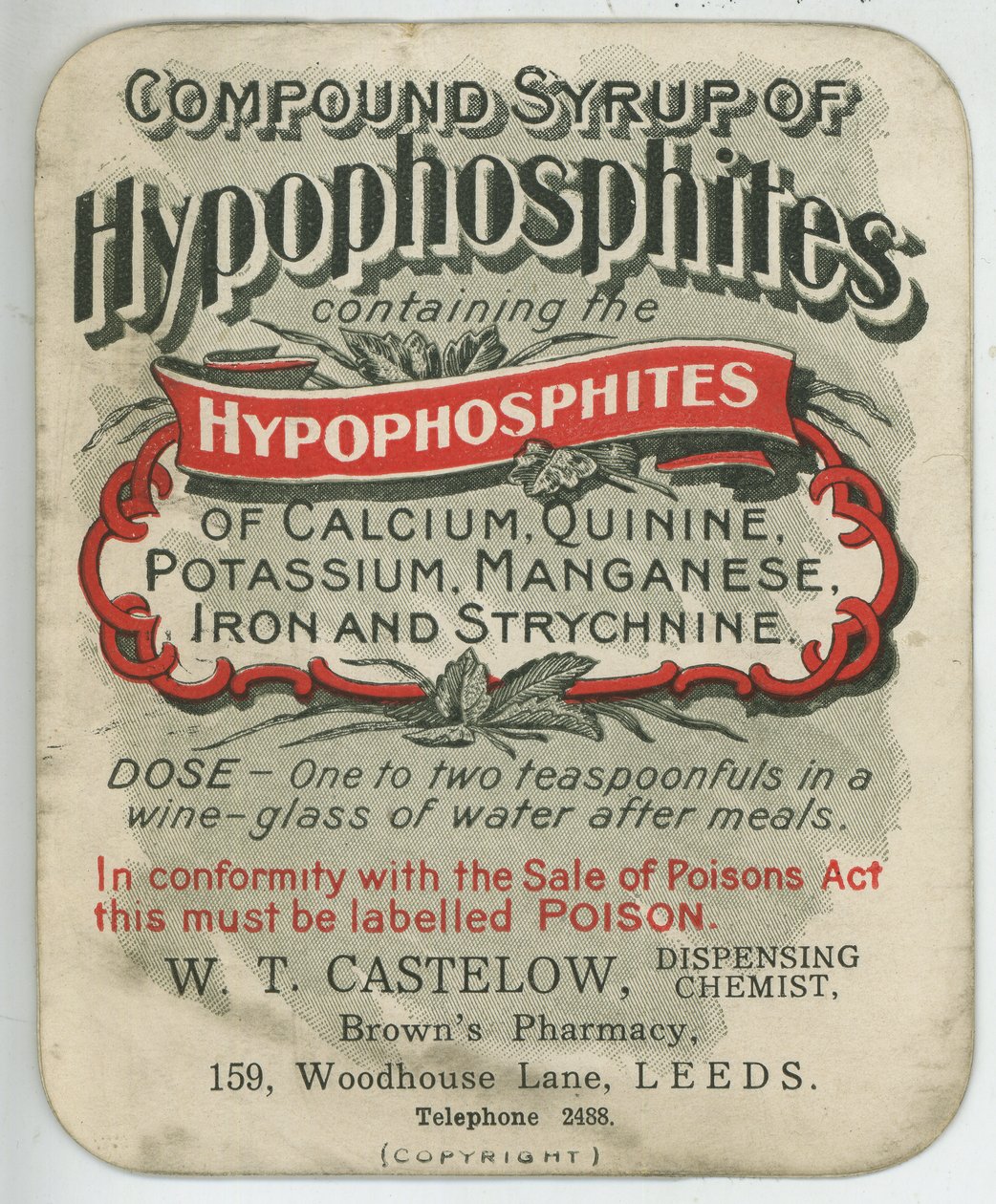 Összetett Hypophosphites szirup címke, 20. század eleje (színes litho) alkotó: English School