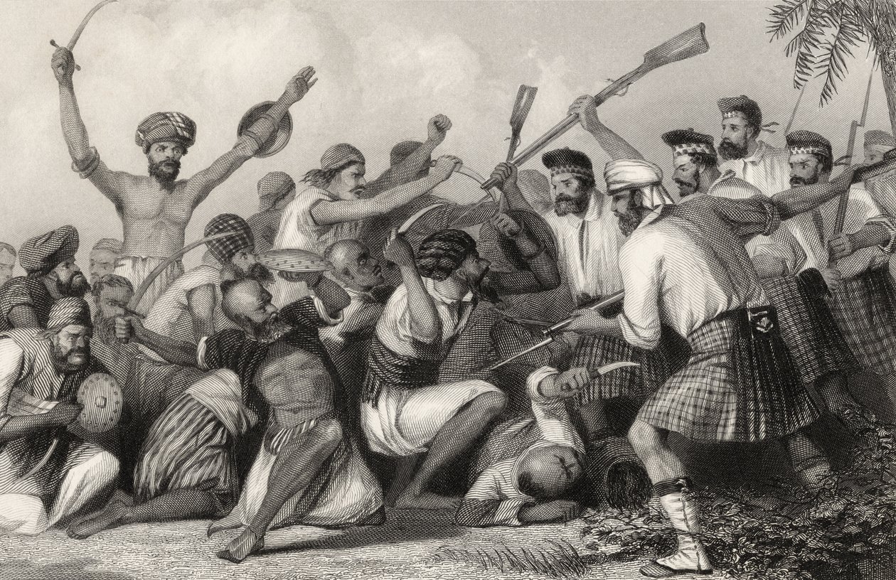 Konfliktus a gázokkal Bareilly előtt, 1858. május 6-án, az 1858-ban megjelent „The History of the Indian Mutiny” c. alkotó: English School