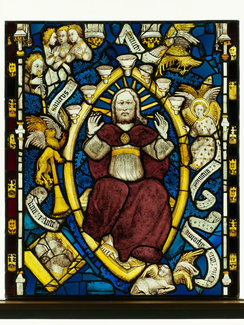 Konzervált tabló a York Minster-i Great East Window-ból: „Isten a felségben” alkotó: English School