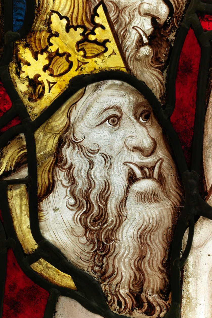 Megőrzött rész a York Minster-i Great East Window-ból: „Az ötödik angyal megszólaltatja a trombitát és a sáskák a feneketlen gödörből” alkotó: English School