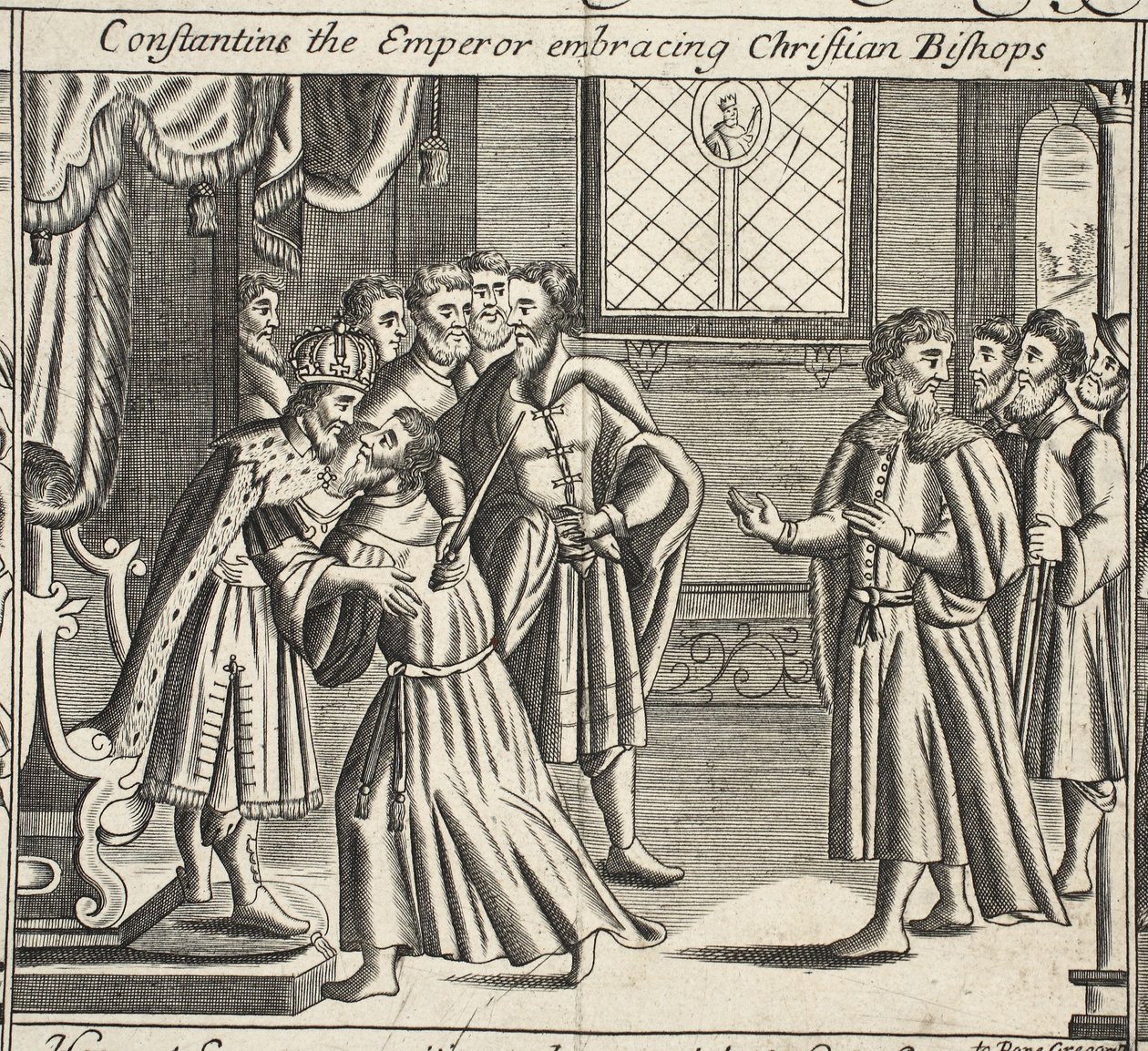 Konstantin, a császár a keresztény püspököket ölelve, illusztráció a Cselekedetek és emlékművekből, John Foxe, kilencedik kiadás, pub. 1684 alkotó: English School