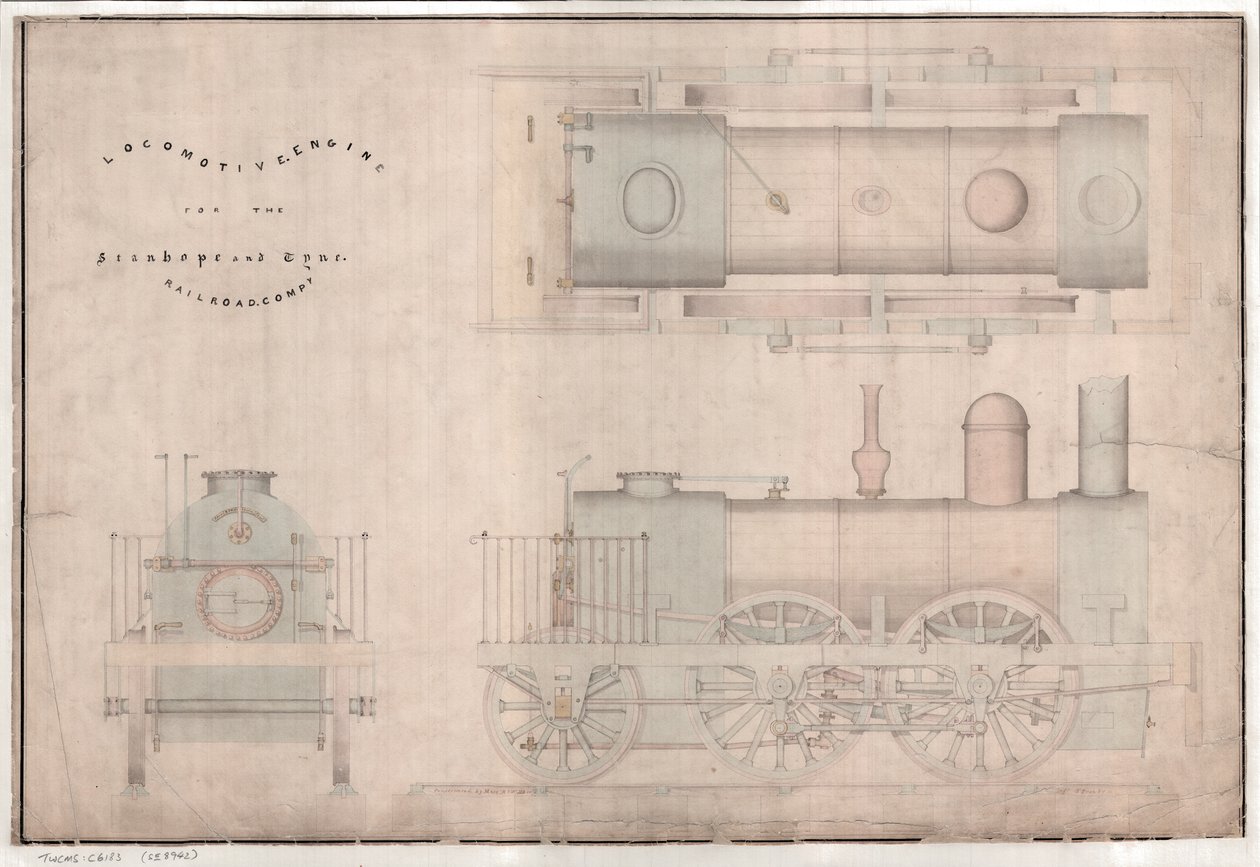 Építési rajz, 0-4-2 mozdony és R. és W. Hawthorn and Co. pályázata a Stanhope and Tyne Railway Co. számára alkotó: English School
