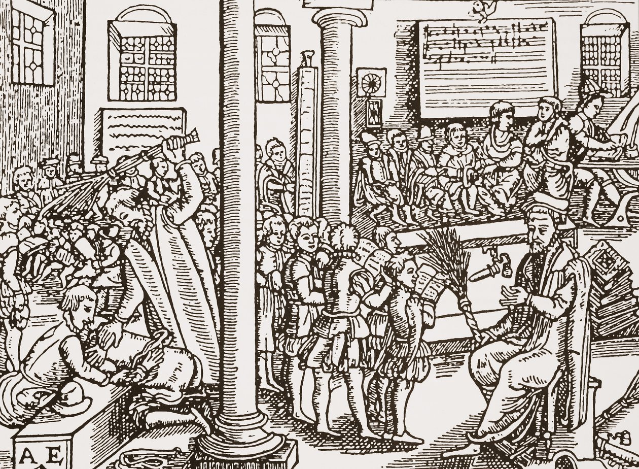 Egy Tudor gimnázium korabeli fametszete alkotó: English School