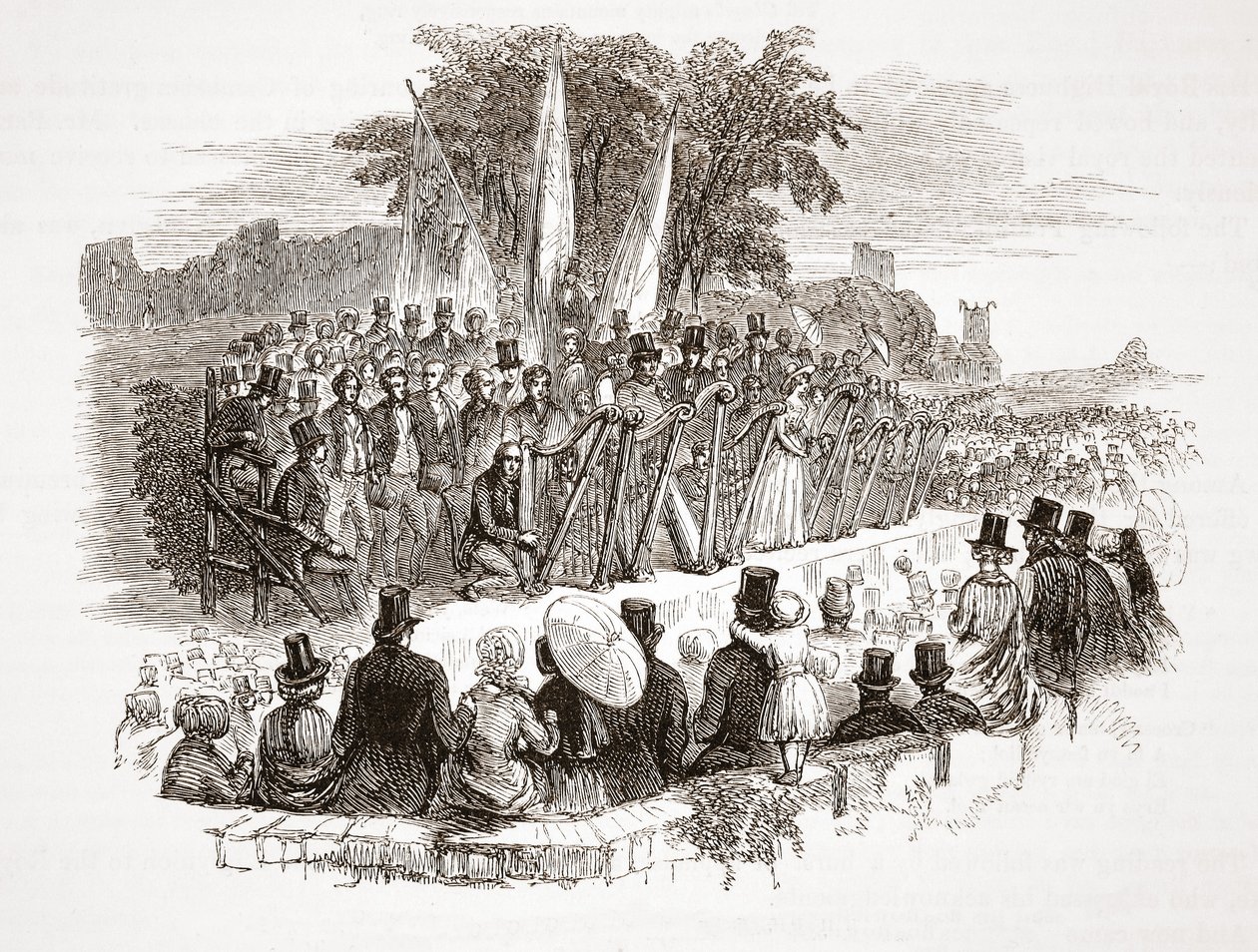 Aranyhárfa verseny a Royal Denbigh Eisteddfodban, mielőtt H.R.H. Susses hercege 1828-ban (acélmetszet) alkotó: English School