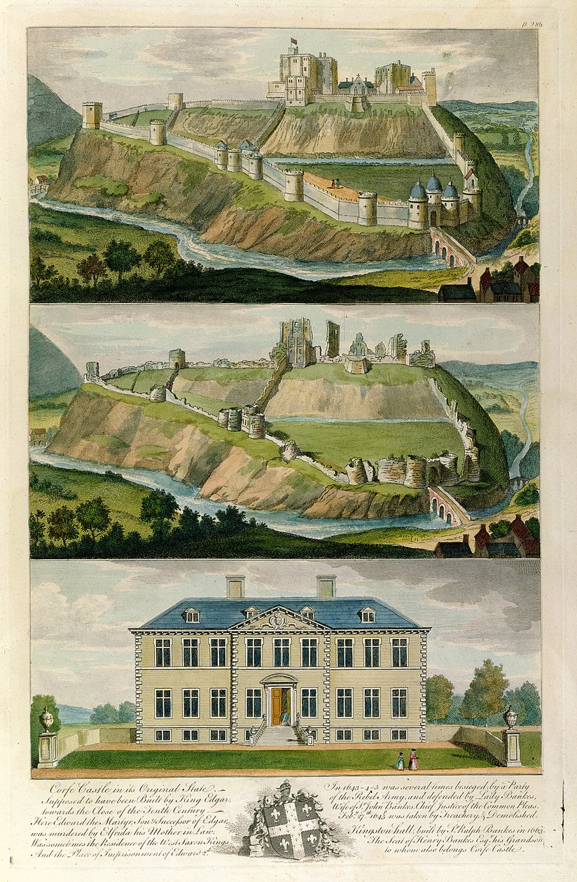 Corfe kastély eredeti állapotában, romként, és Kingston Hall, Henry Bankes székhelye alkotó: English School