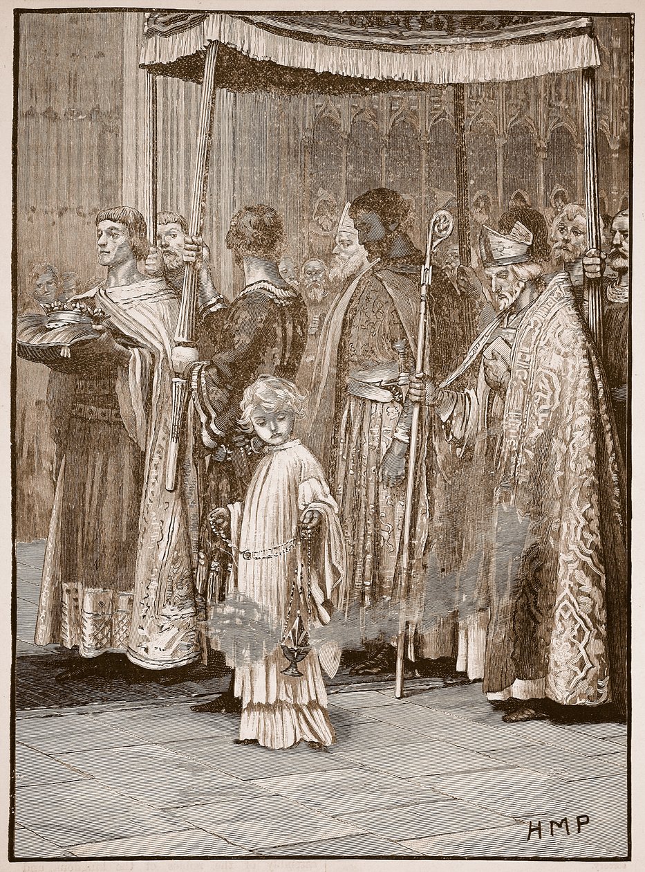 Richard megkoronázása a Westminster Abbeyben: felvonulás a folyosón, illusztráció a Cassells Illustrated History of Englandből (szépia fotó) alkotó: English School