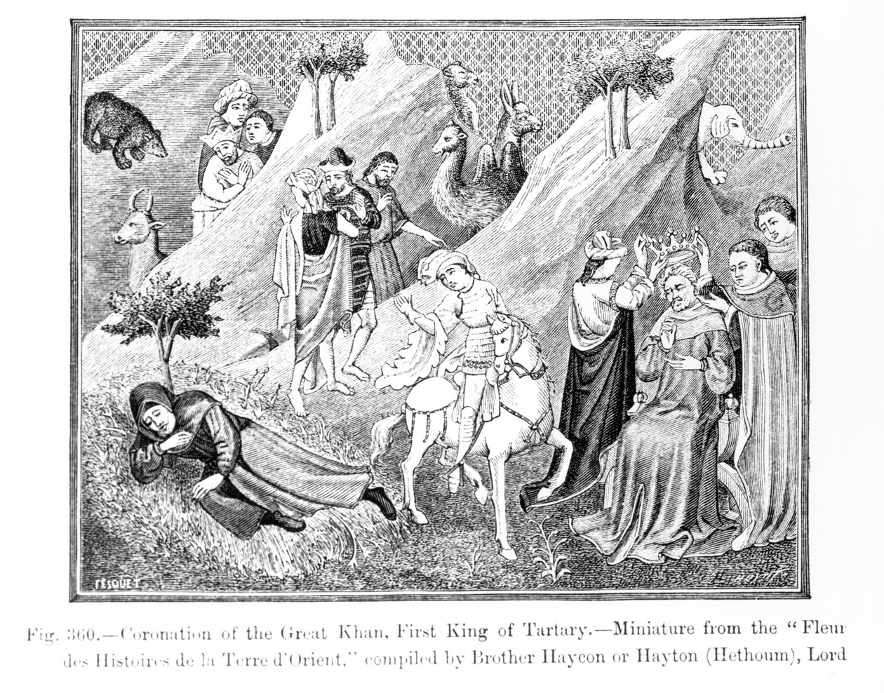 A Nagy Kán (Kublai Khan) megkoronázása (1214-94) Tatár első királya, a Fleur des Histoires de la Terre dOrientből, összeállította: Hayton (megh. 1271), illusztráció a Tudomány és Irodalomból in t alkotó: English School