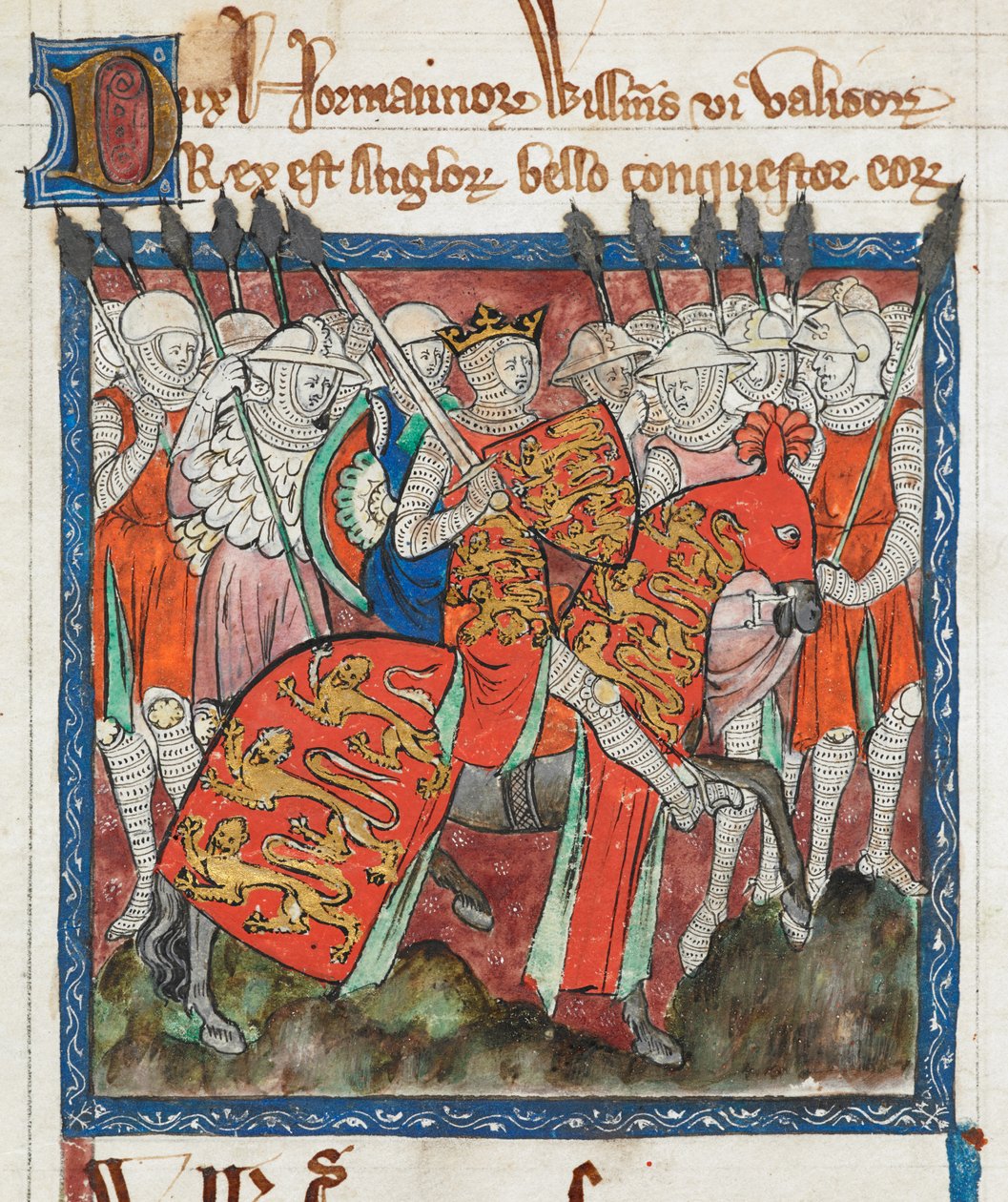 Cott Claud D II f.33 Hódító Vilmos katonáival lovagol, „Az ókori királyok törvényeinek könyve” (vellum) alkotó: English School