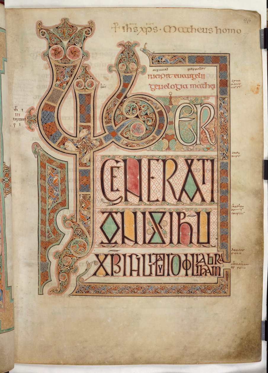 Cott Nero D IV f.27 Kezdőlap Szent Máté evangéliumához, díszített „LIB” betűkkel, a Lindisfarne-evangéliumokból, 710-721 (vellum) alkotó: English School
