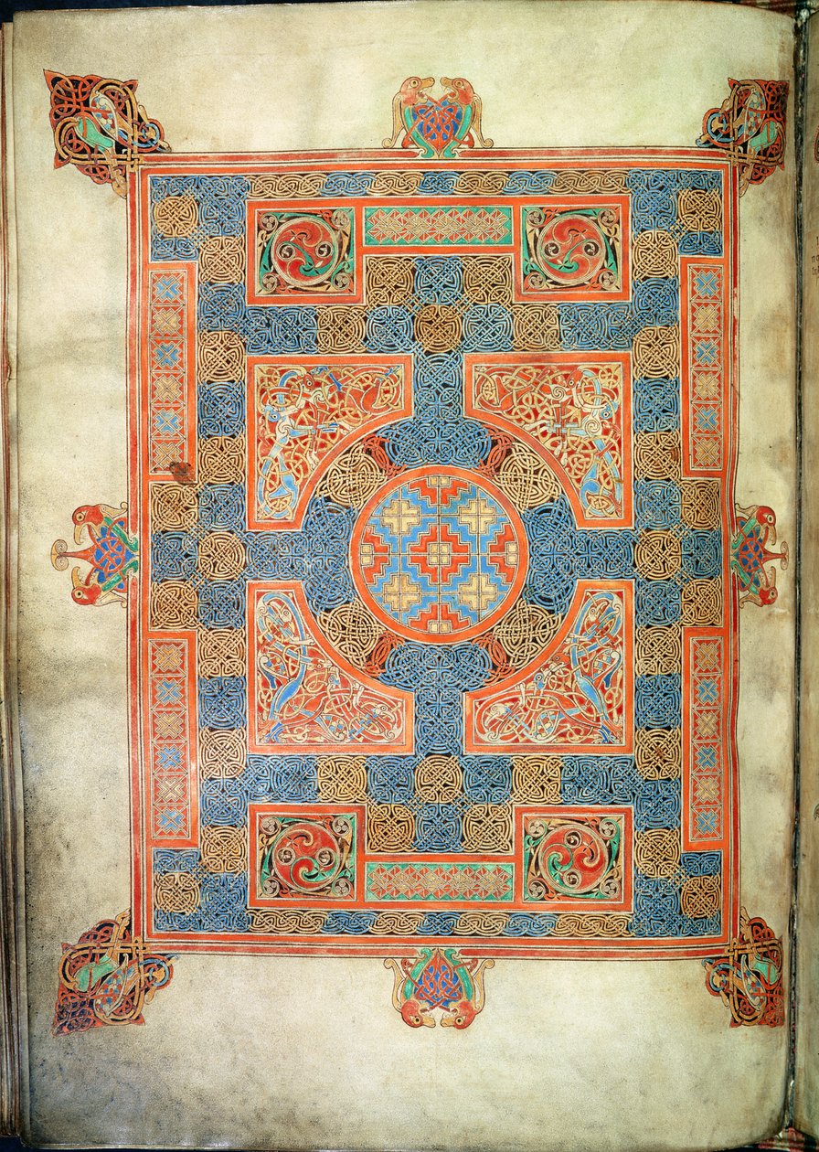 Cott Nero D. IV, f.94v Szőnyeglap, amely megnyitja Szent Márk evangéliumát, a Lindifarne-evangéliumokból, 710-721 (vellum) alkotó: English School
