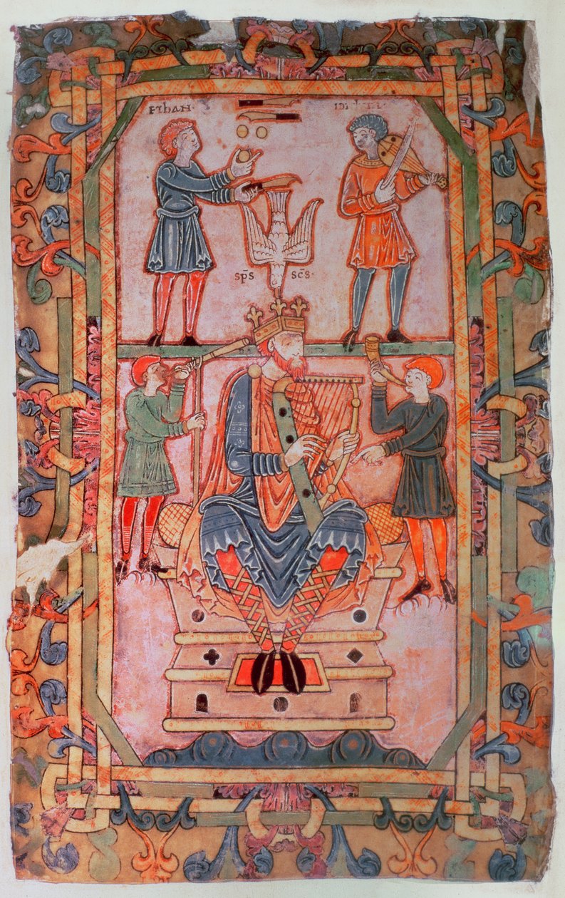 Cott Tib C VI f.30v David hárfán játszik, a Tiberius Psalterből, Winchester, 1050 körül (vellum) alkotó: English School