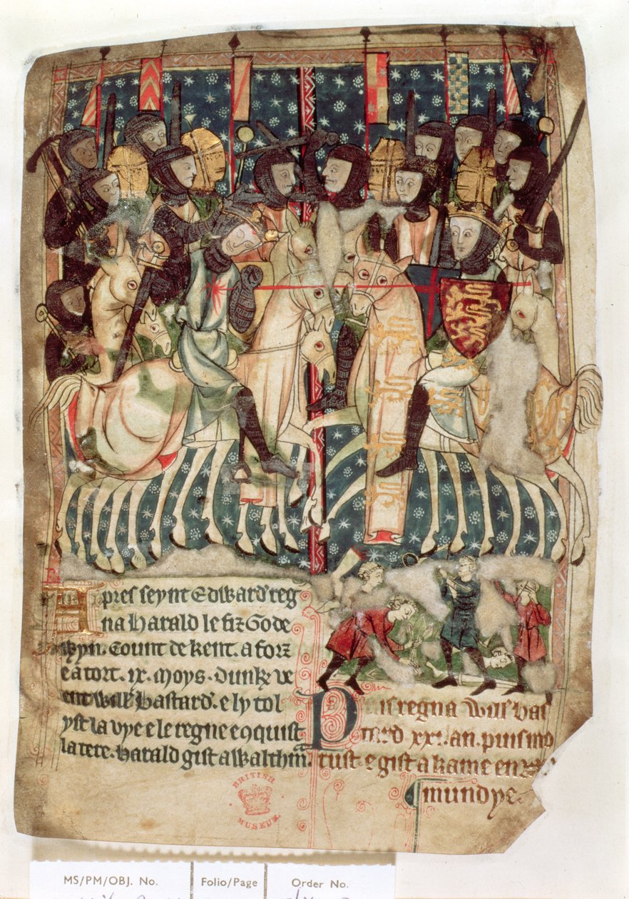 Cott Vitt A XIII f.3v William megöli Haroldot a hastingsi csatában, az angolszász és normann angliai királyok rendeleteiből (vellum) alkotó: English School