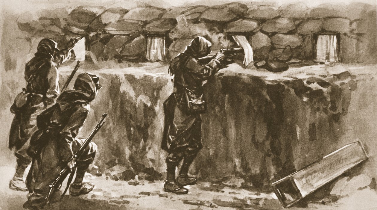 Házi ablakfüggönyök, mint Trench huroklyuk képernyők: francia módszer az ellenséges lövész megzavarására, a The Illustrated War Newsból, 1915 alkotó: English School