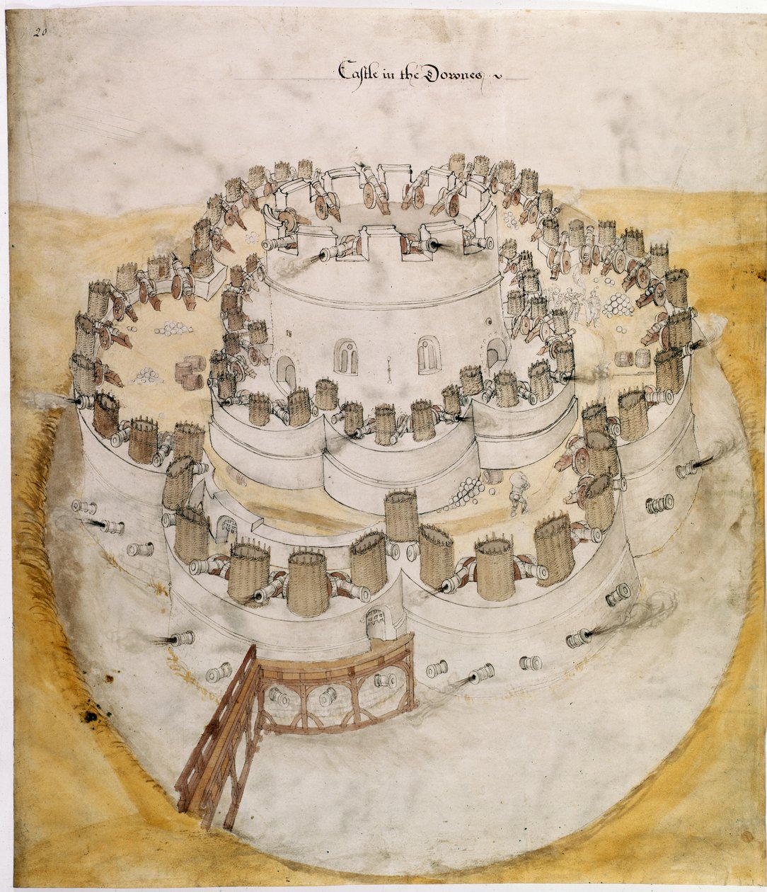 Pamut Augustus I. i. f.20 Színes madártávlat a „Downes-i kastélyról”. Valószínűleg a Deal Castle korai tervezése alkotó: English School