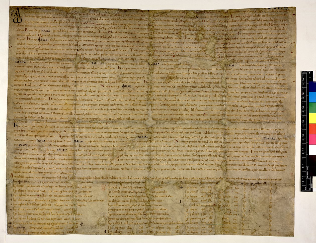 Pamut Augustus ii. 38 f.1 A szabadság visszaszolgáltatása Abingdonnak, 993 (tinta pergamen) alkotó: English School