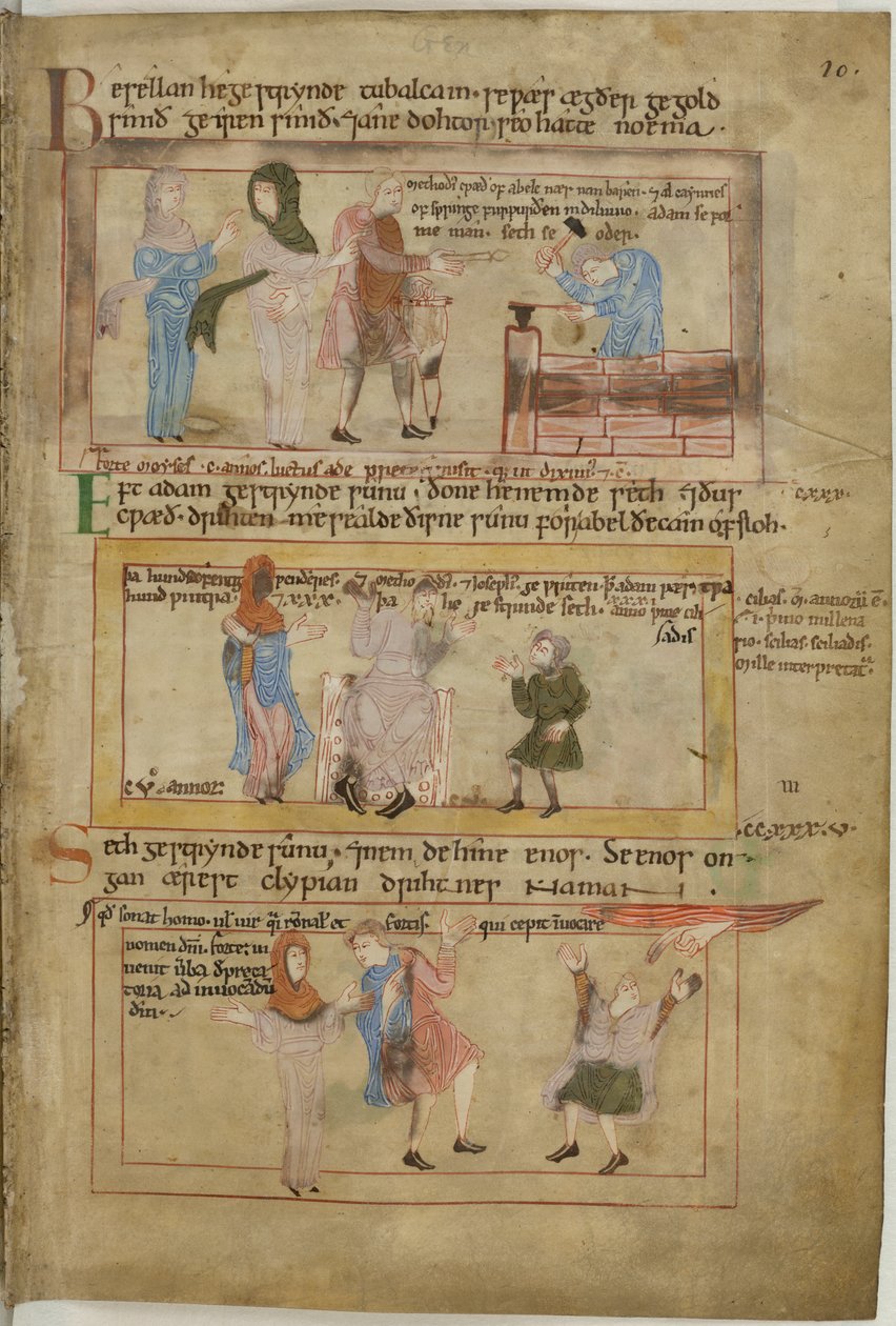 Cotton Claudius B IV fol.10 Lamech és két felesége és fia, Tubalcain, a kovács, munkában (vellum) alkotó: English School
