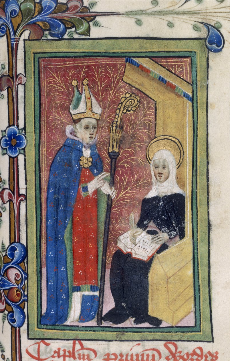 Cotton Claudius B. I, f.117 St. Bridget egy üzenetet mutat be Krisztustól egy püspöknek, a "Svédországi Szent Bridget Revelations (Liber Celestis)" c.1410-20 (tinta, szín és arany pergamen) alkotó: English School