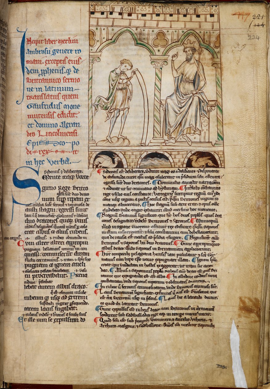 Cotton Claudius B. VII, f.224 Merlin fiú, aki Vortigern király előtt prófétál, illusztráció a Merlin próféciáiból, Geoffrey of Monmouth, 1250 körül (vellum) alkotó: English School
