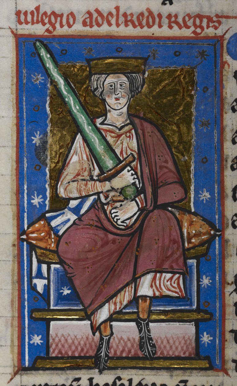 Cotton Claudius B. VI, f.87v Ethelred a Készenetlen karddal, az Abingdon krónikájából, 1220 körül (vellum) alkotó: English School