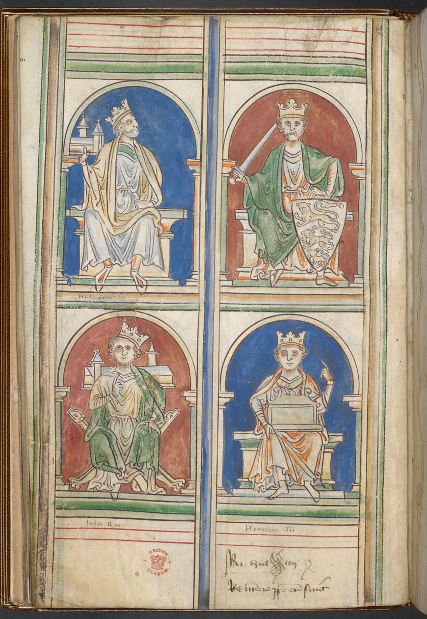 Cotton Claudius D VI f.9v Anglia négy királya: II. Henrik, I. Richard, János és III. Henrik az Anglia királyaiból Brutustól III. Henrikig, Matthew Paris, 1250-59 körül (vellum) alkotó: English School