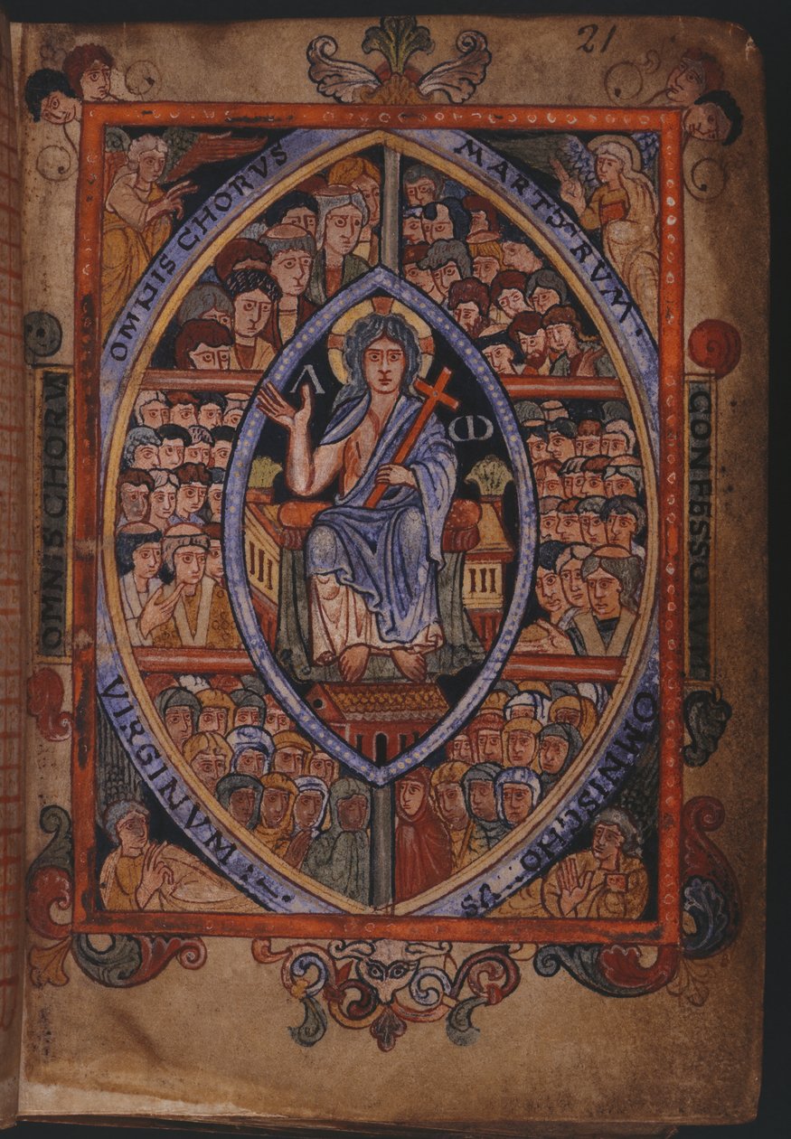 Cotton Galba A. XVIII, f.21 Krisztus mártírok, gyóntatók és szüzek kórusaival trónol alkotó: English School